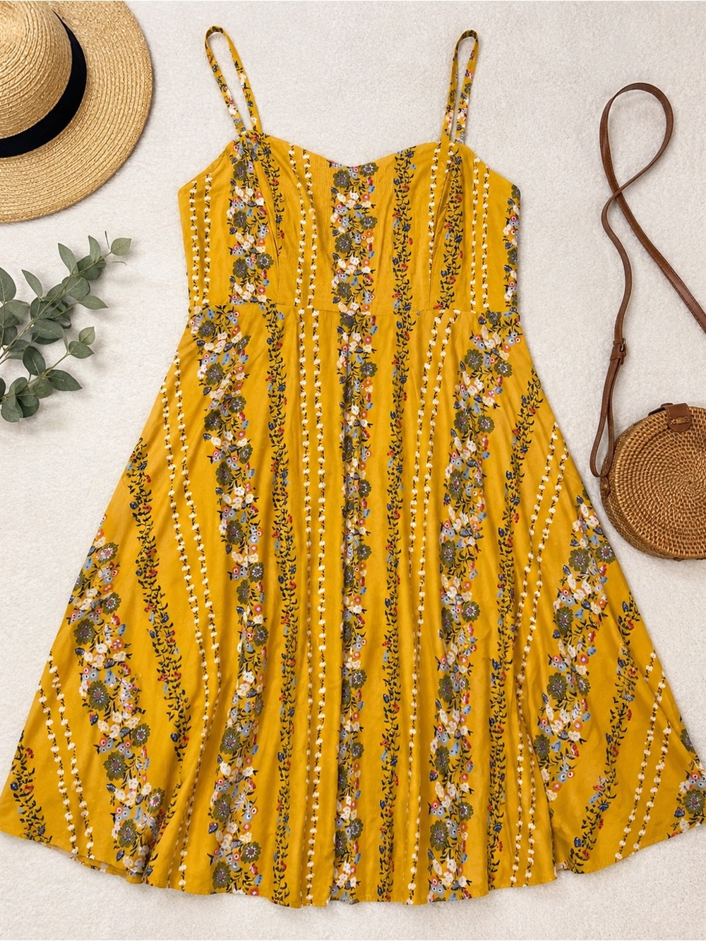 Old Navy Mustard Floral Swing Dress Size Large Boho Sundress